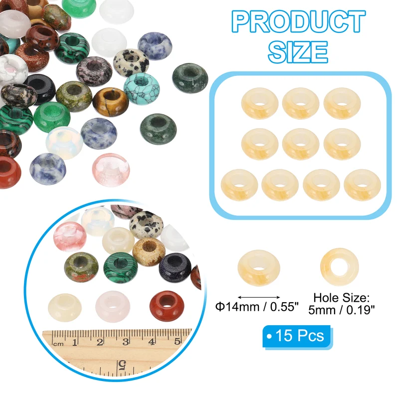 15 Pcs Natural Gemstone Beads, Large Hole Rondelle Beads Loose European Crystal Beads Pack for Jewelry Bracelet DIY Craft, 14 x 8 MM, Yellow