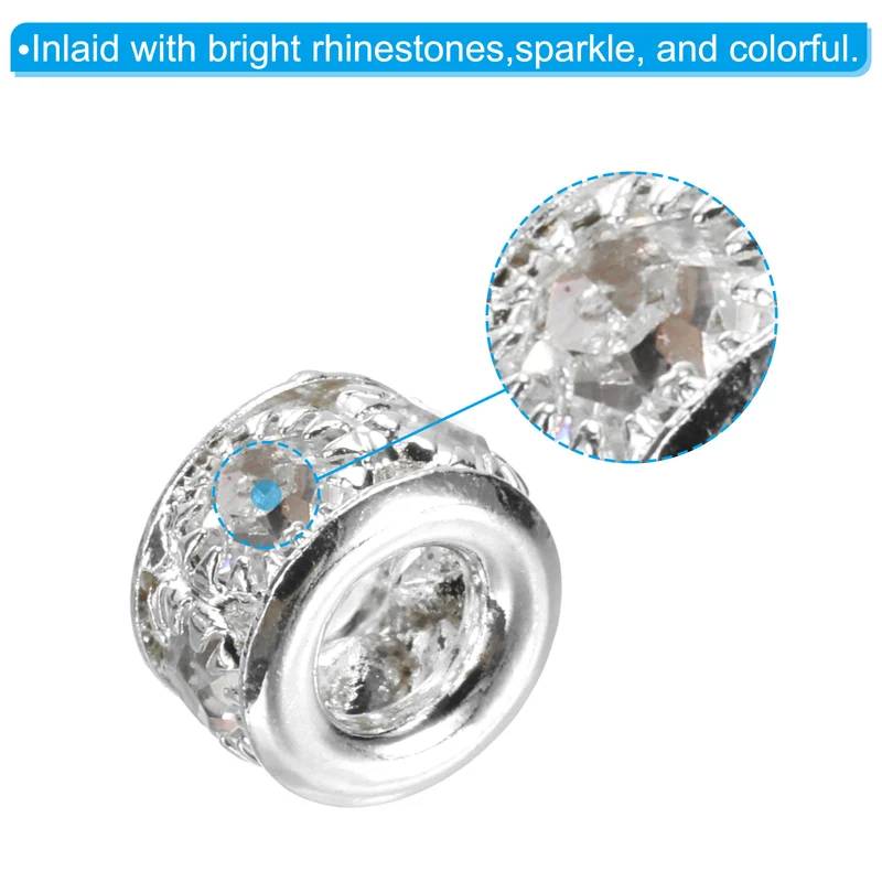 20Pcs 8mm Rhinestone European Beads Large Hole Crystal Beads Light Grey