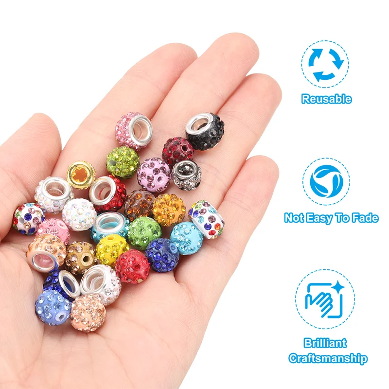 20Pcs 8mm Rhinestone European Beads Large Hole Crystal Beads Light Grey