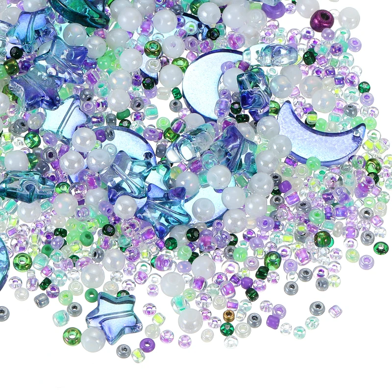 110Pcs Star Moon Beads, Crystal Glass Star Moon Acrylic Beads, Green Purple