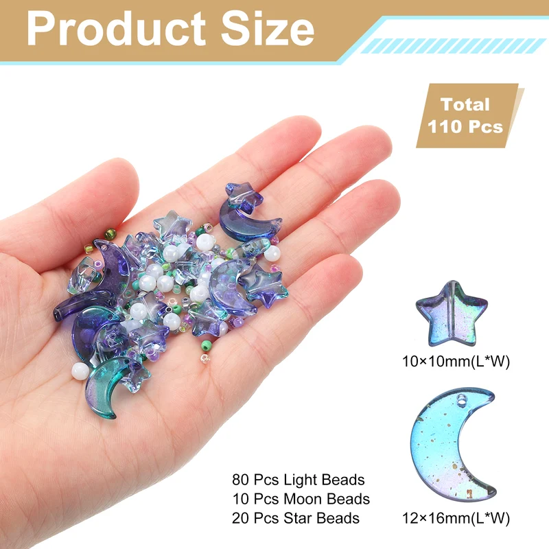 110Pcs Star Moon Beads, Crystal Glass Star Moon Acrylic Beads, Green Purple