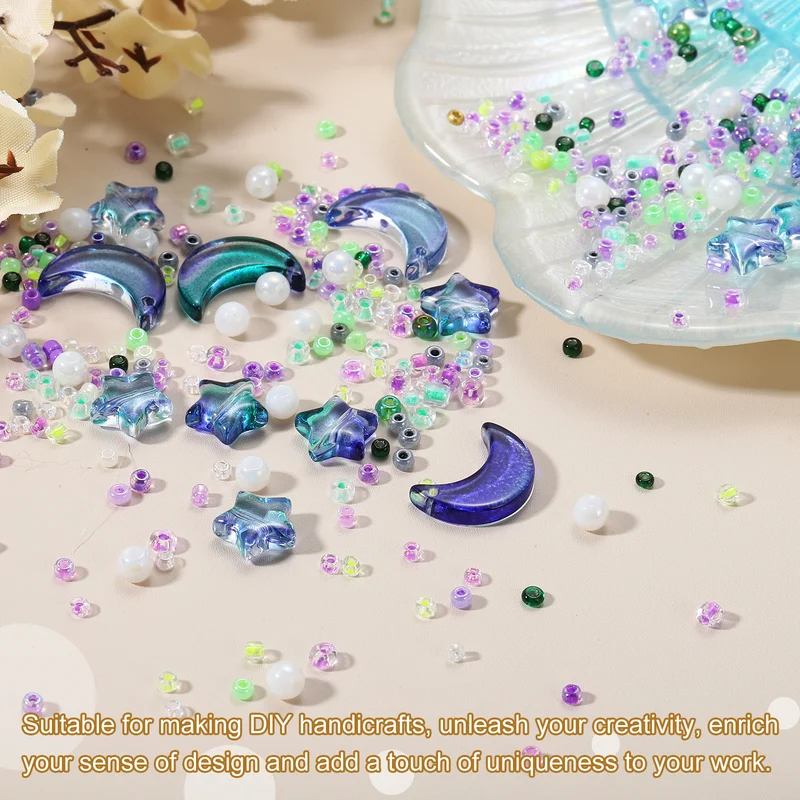 110Pcs Star Moon Beads, Crystal Glass Star Moon Acrylic Beads, Green Purple