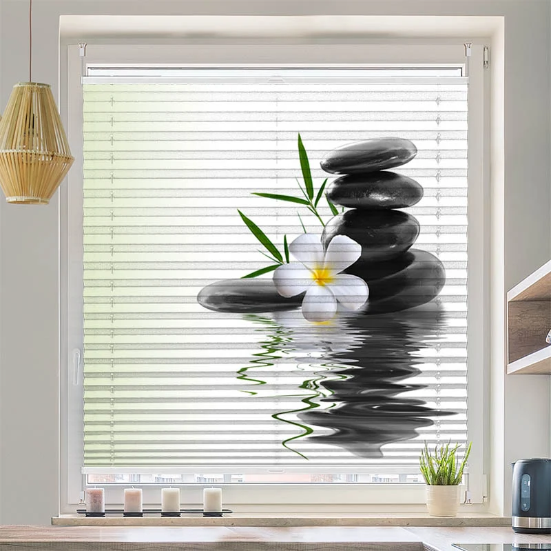 Wabenplissee Motiv "Frangipani Steinturm Wasser"
