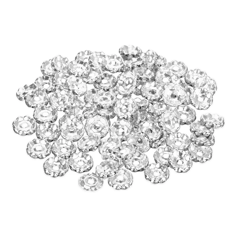 80Pcs 10mm Silver Plated Wavy Rhinestone Rondelle Spacer Beads, Silver
