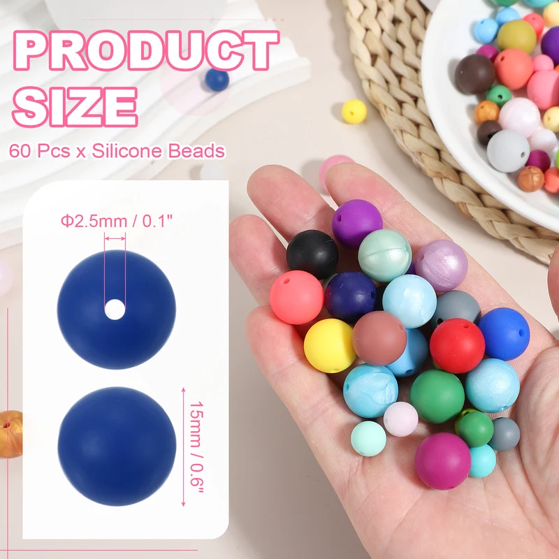 60 Pcs Silicone Beads, 15mm Bulk Beads for Keychain Making, Deep Blue