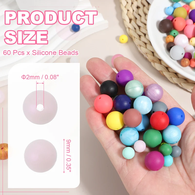 60 Pcs Silicone Beads, 9mm Bulk Beads for Keychain Making, Pink