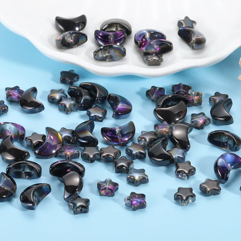 60Pcs Star Moon Shaped Beads, 2 Style Acrylic Spacer Beads Black Purple