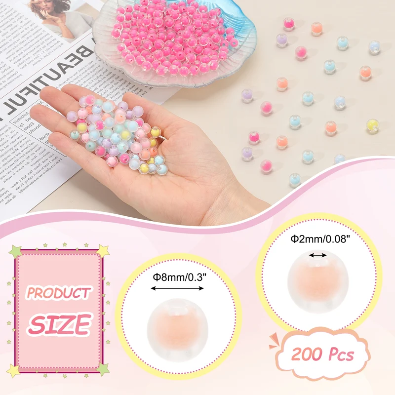 200 Pcs Acrylic Beads, 2mm Cute Beads for Bracelets, Frosted Deep Pink