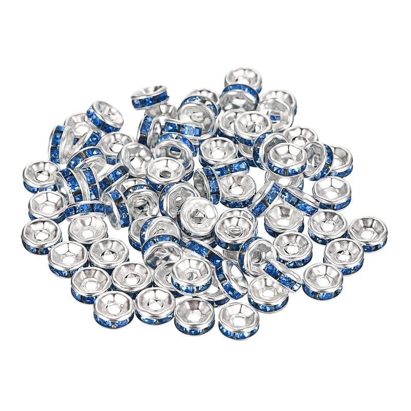 80Pcs 6mm Silver Plated Rhinestone Rondelle Spacer Beads, Light Blue