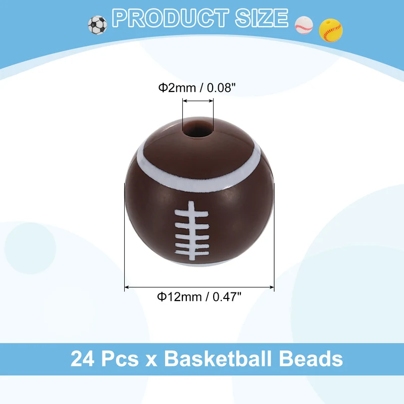 24Pcs Sports Ball Beads 12mm Silicone Round Spacer Focal Bead Rugby