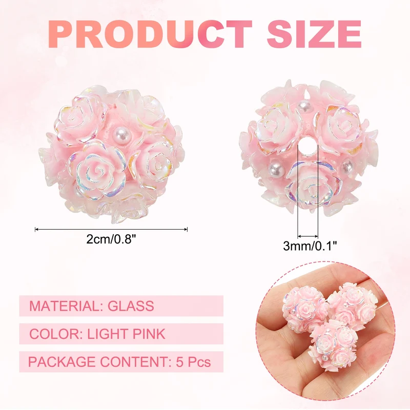 5 Pcs Rhinestone Focal Beads for Pens, 0.8" Glass Flower Beads, Light Pink