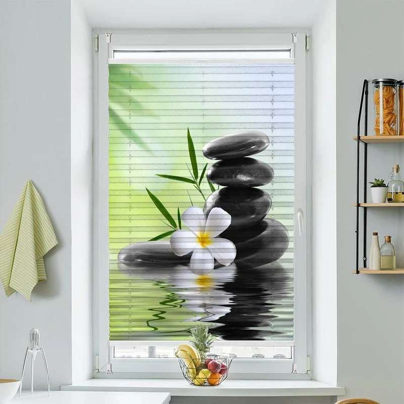 Wabenplissee Motiv "Frangipani Bambus Steine"