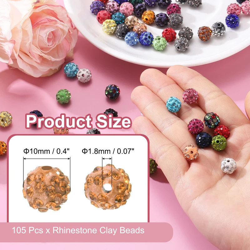 105 Pcs 10mm Rhinestone Clay Beads for Jewelry Making, Gold