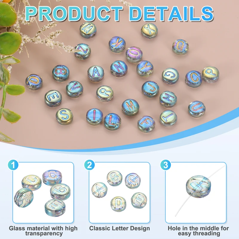 60Pcs Glass Letter Beads, 10mm t Initial Letter Spacer Beads, Blue Green