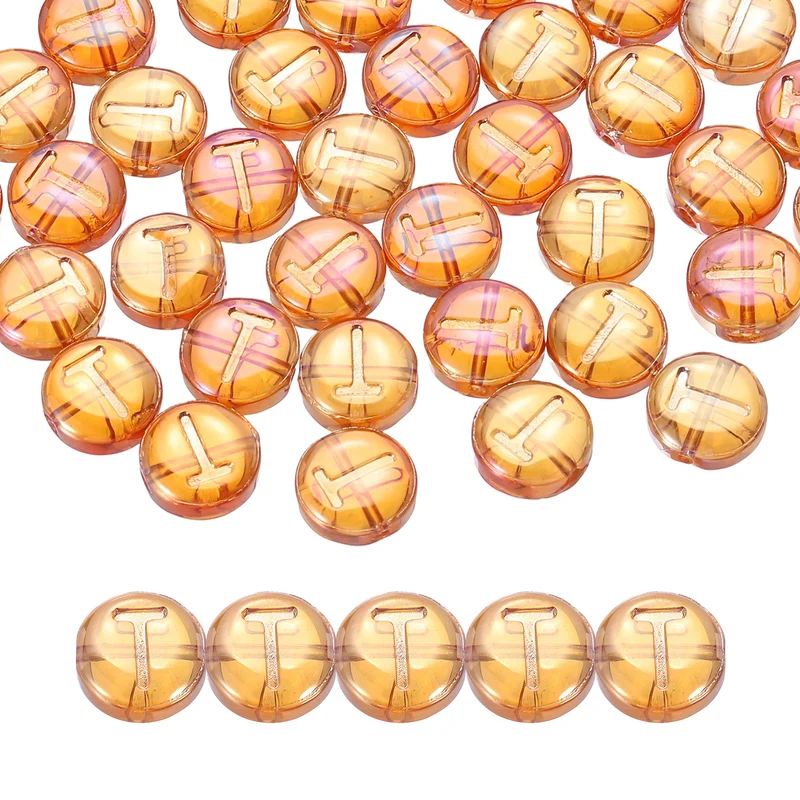 60Pcs Glass Letter Beads, 10mm t Initial Letter Spacer Beads, Red Orange