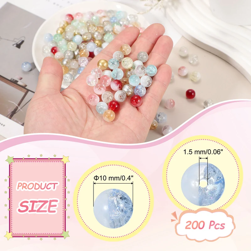200 Pcs Crackle Glass Beads for Jewelry Making, 10mm Round Beads, Light Blue
