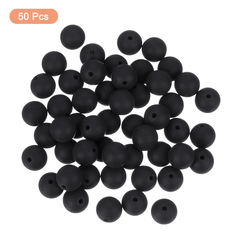50Pcs 9mm Silicone Beads Round Loose Rubber Bead for DIY Black