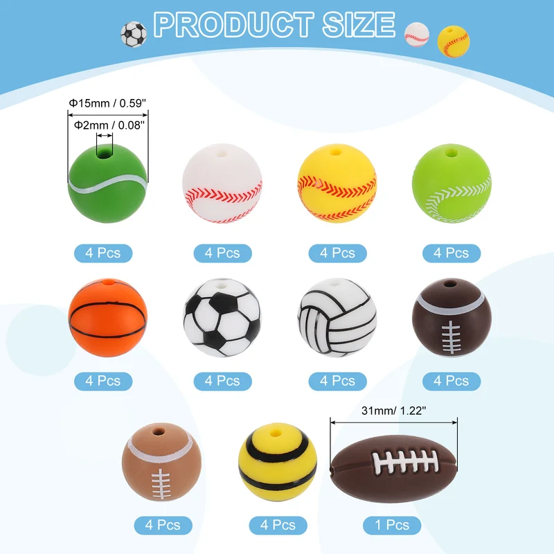 Sports Ball Beads, 41Pcs 15mm Silicone Round Spacer Focal Beads (11 Styles)