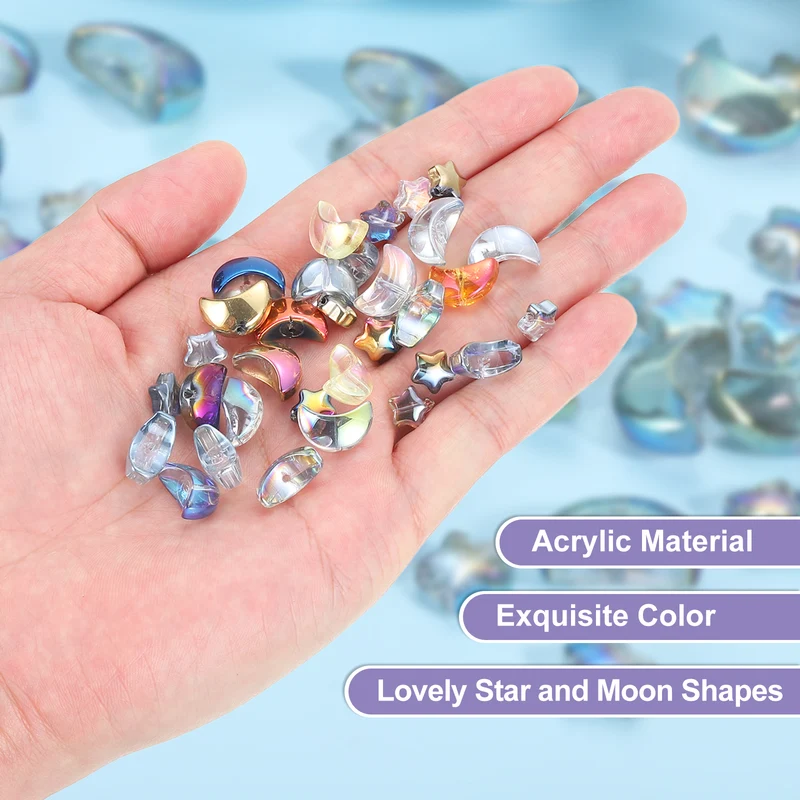 60Pcs Star Moon Shaped Beads, 2 Style Acrylic Spacer Beads Clear Green