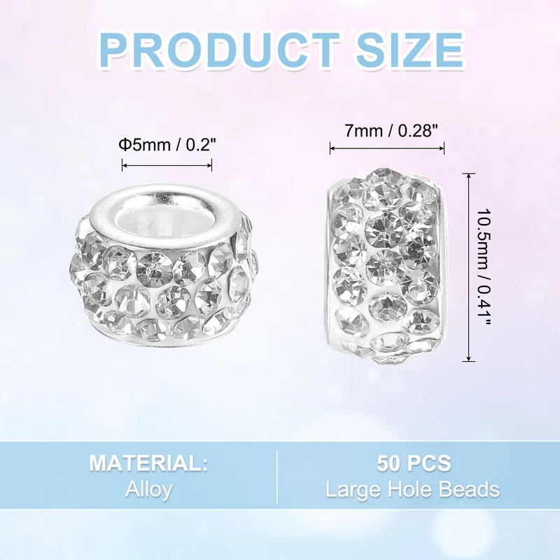 50Pcs European Large Hole Beads Rhinestone Craft Beads White