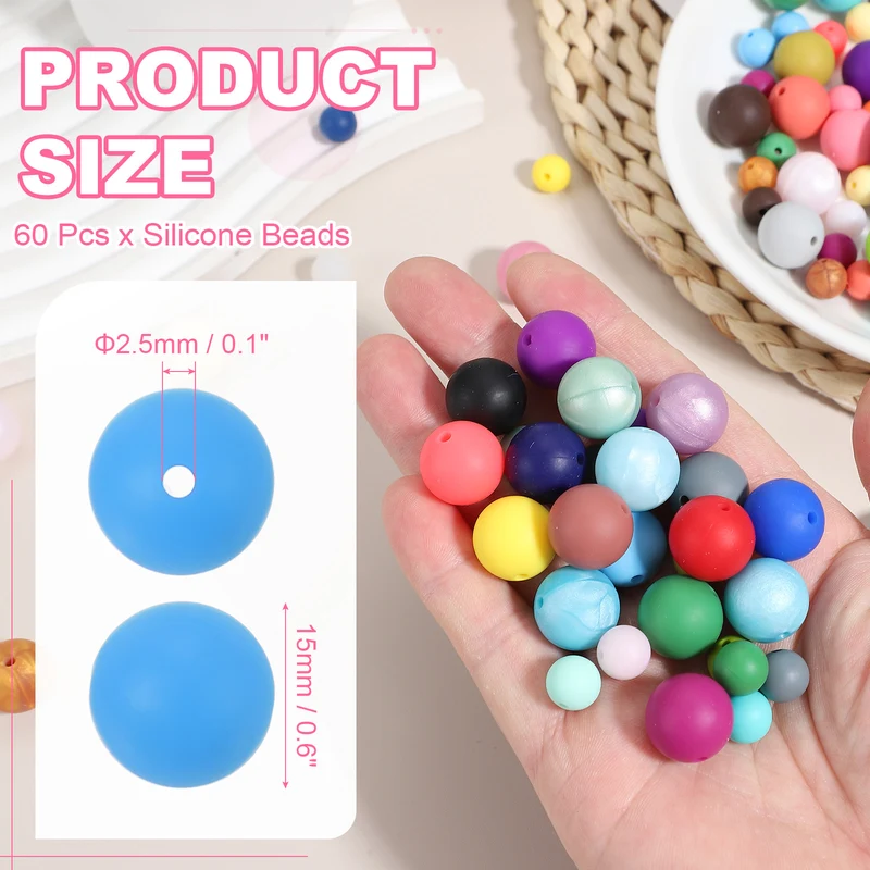 60 Pcs Silicone Beads, 15mm Bulk Beads for Keychain Making, Matte Blue