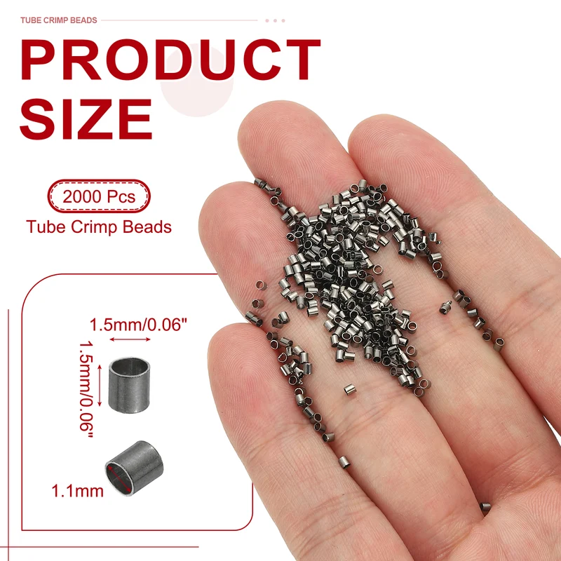 2000 Pcs Tube Crimp Beads, 1.5x1.5mm Crimp Beads for Jewelry Making, Black