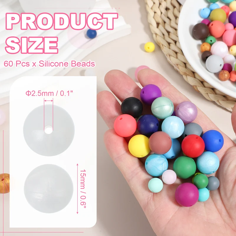 60 Pcs Silicone Beads, 15mm Bulk Beads for Keychain Making, Bright White