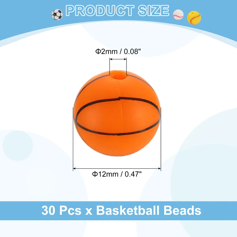 30Pcs Sports Ball Beads 12mm Silicone Round Spacer Focal Bead Basketball