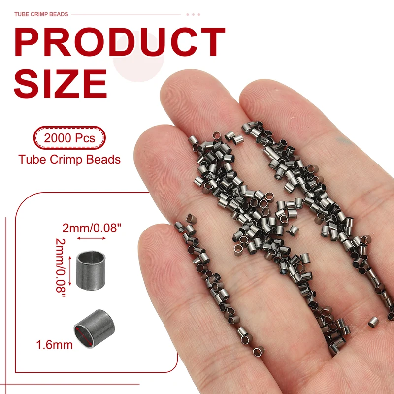 2000 Pcs Tube Crimp Beads, 2x2mm Crimp Beads for Jewelry Making, Black