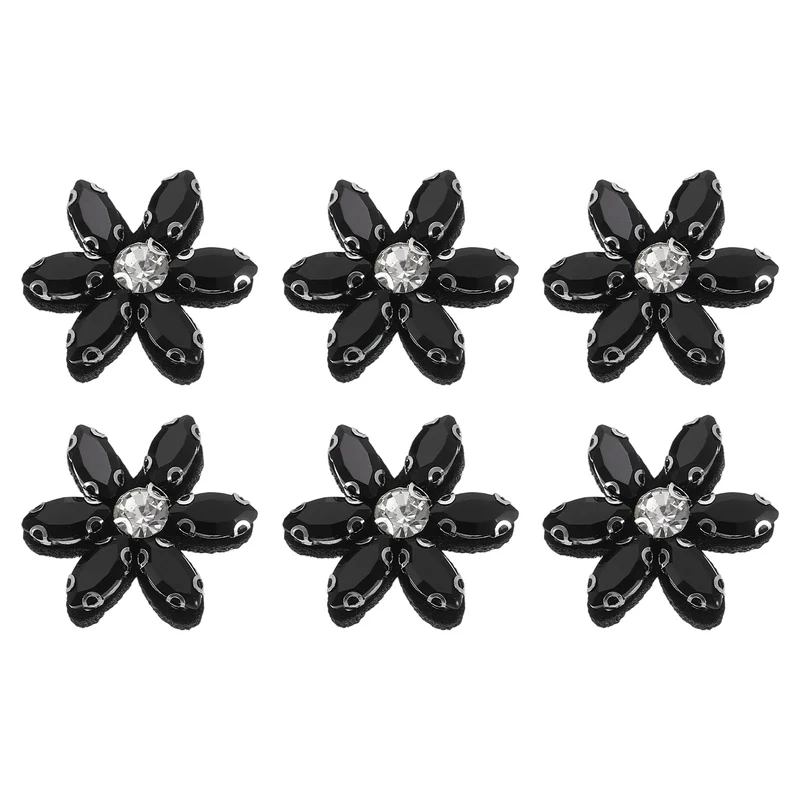 6Pcs Handmade Flower Beaded Patches, Glass Crystal Appliques, Black/Clear