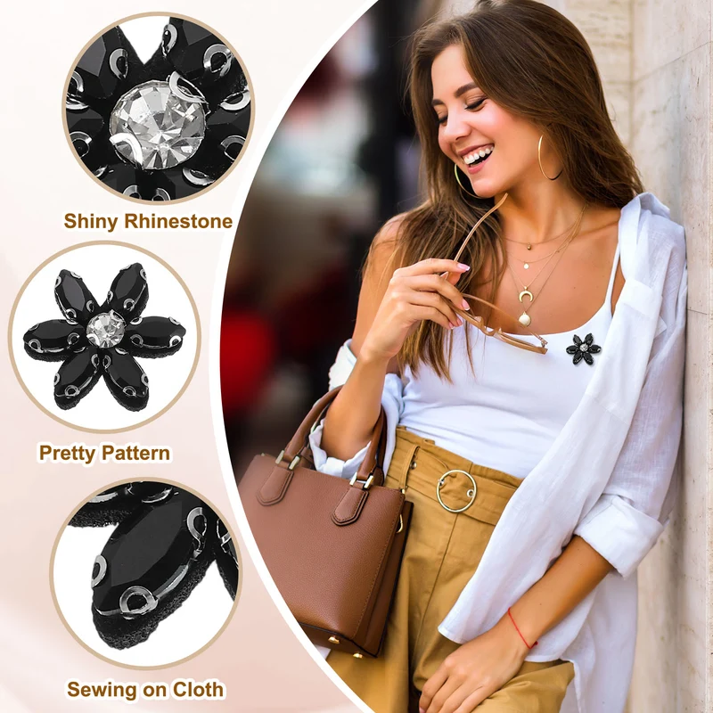 6Pcs Handmade Flower Beaded Patches, Glass Crystal Appliques, Black/Clear