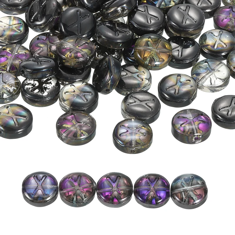 60Pcs Glass Letter Beads, 10mm x Initial Letter Spacer Beads, Black Purple