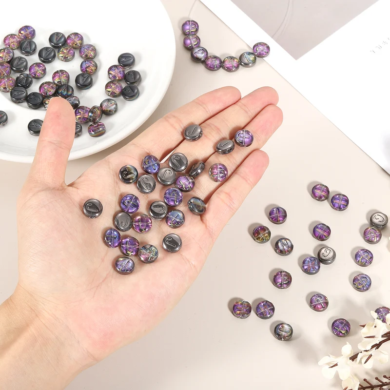 60Pcs Glass Letter Beads, 10mm x Initial Letter Spacer Beads, Black Purple