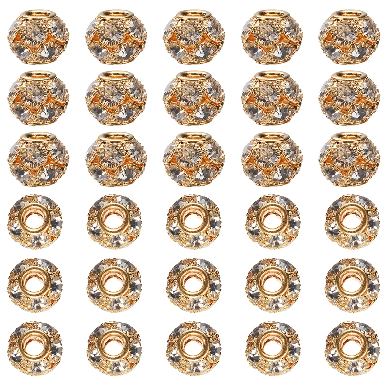 30Pcs Rhinestone Large Hole Beads, 12mm Crystal Charm Spacer Beads, Rose Gold