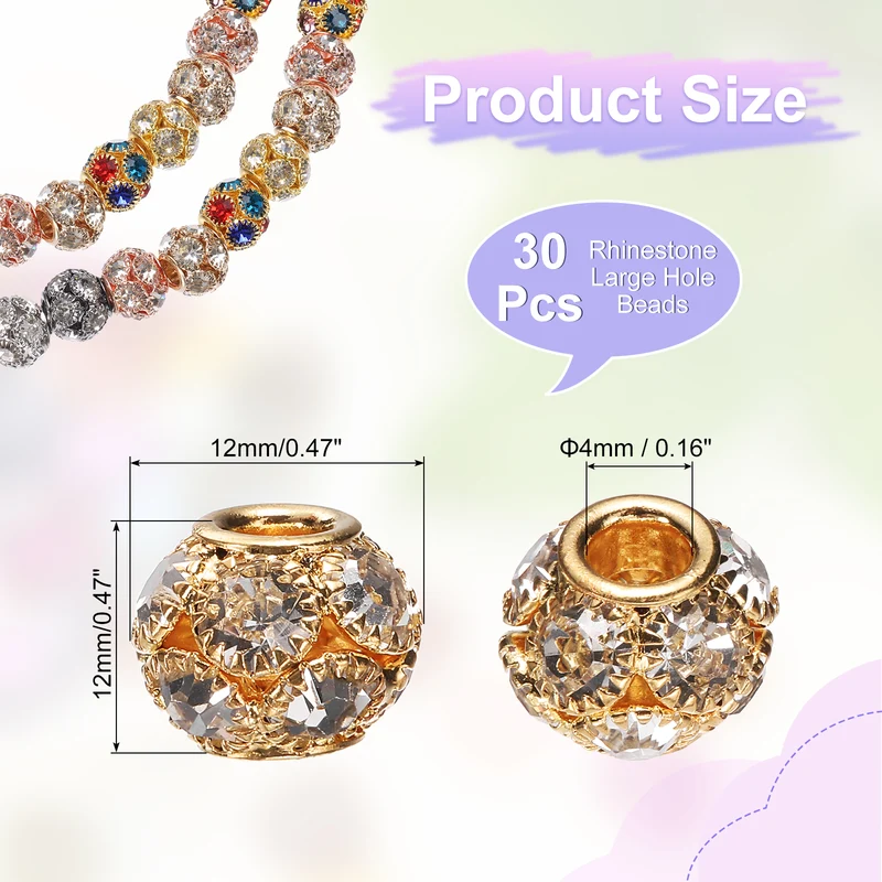30Pcs Rhinestone Large Hole Beads, 12mm Crystal Charm Spacer Beads, Rose Gold