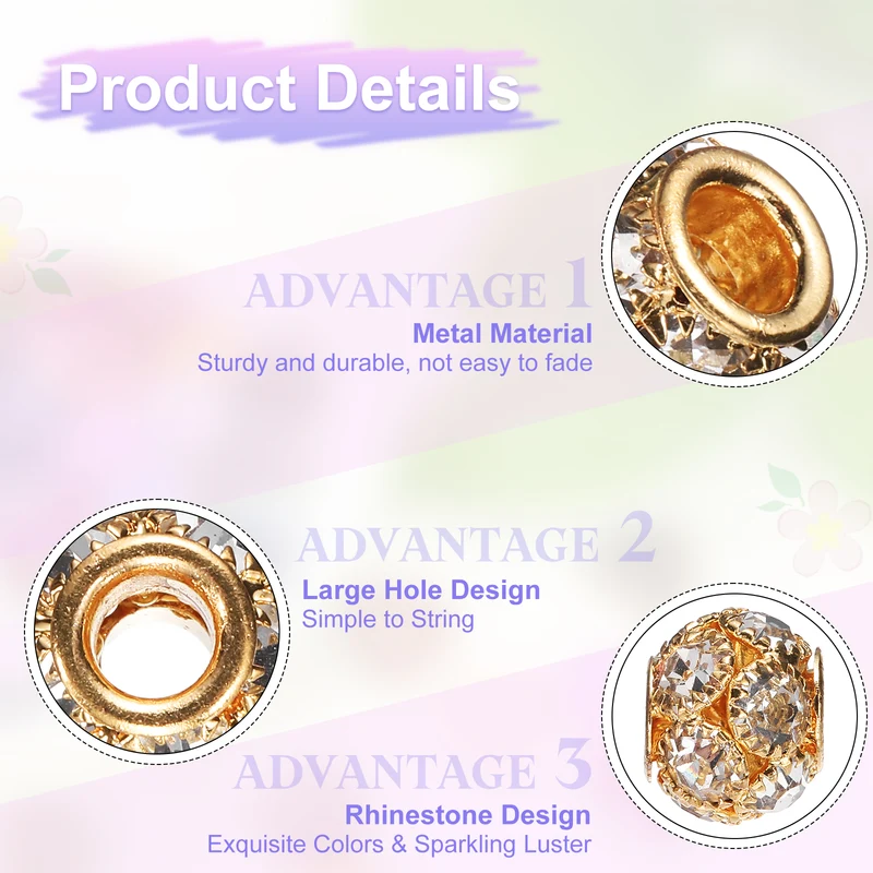 30Pcs Rhinestone Large Hole Beads, 12mm Crystal Charm Spacer Beads, Rose Gold
