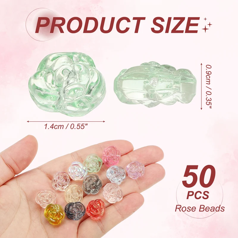 50Pcs Rose Beads 0.55" Glass Flower Rose Charm Green