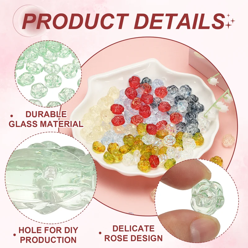 50Pcs Rose Beads 0.55" Glass Flower Rose Charm Green