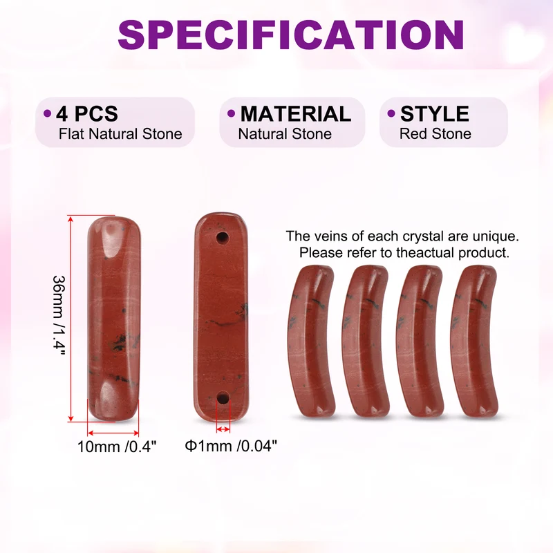 4 Pcs Natural Stone, 36 x 10 mm Natural Curved Clear Quartz Stone Crystal Handmade Jade Flat Beads for DIY Crafting, Red Stone