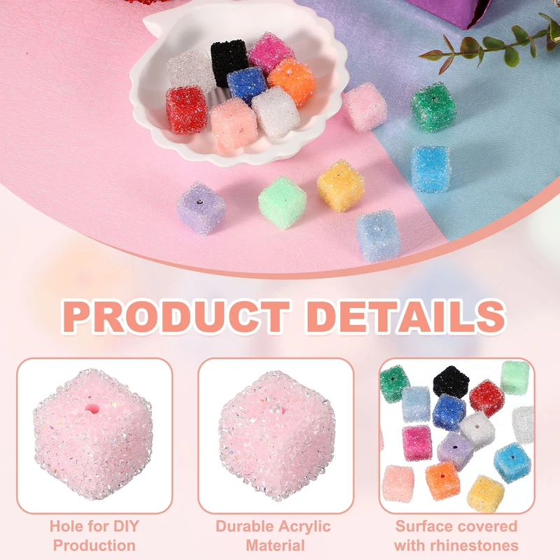 5 Pcs Square Rhinestone Beads for Pens, 17mm Sugar Beads for DIY, Light Pink