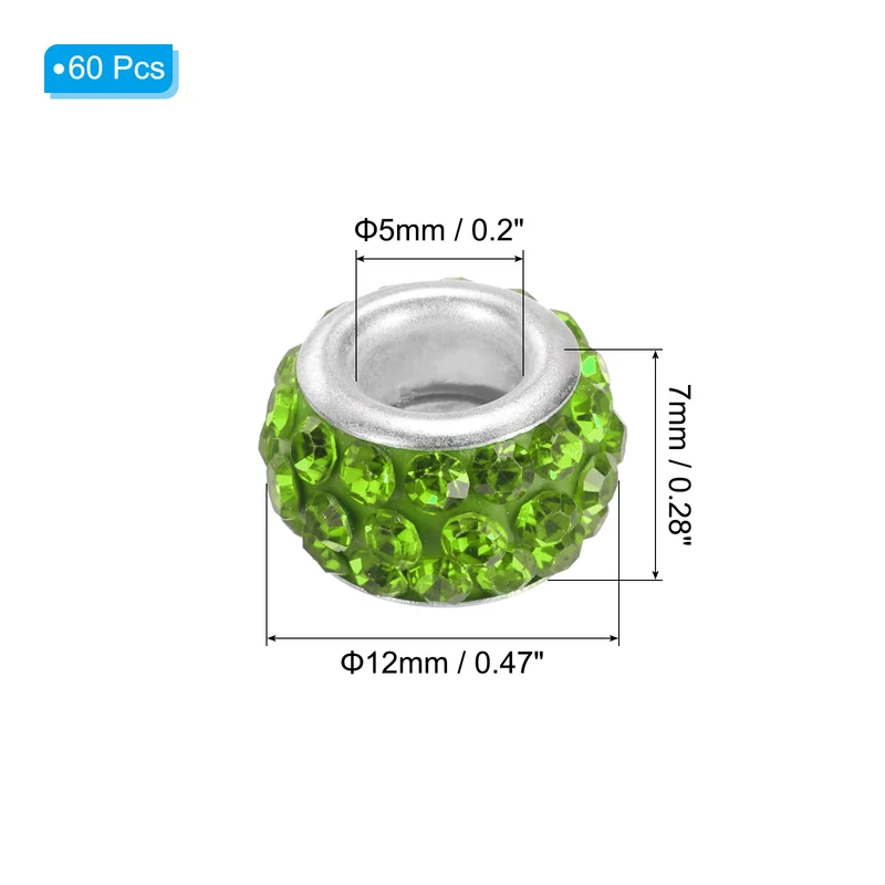 60Pcs 12mm Rhinestone European Beads Large Hole Crystal Beads Light Green