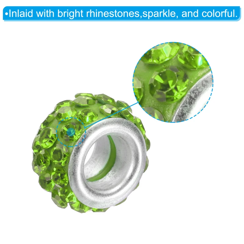 60Pcs 12mm Rhinestone European Beads Large Hole Crystal Beads Light Green