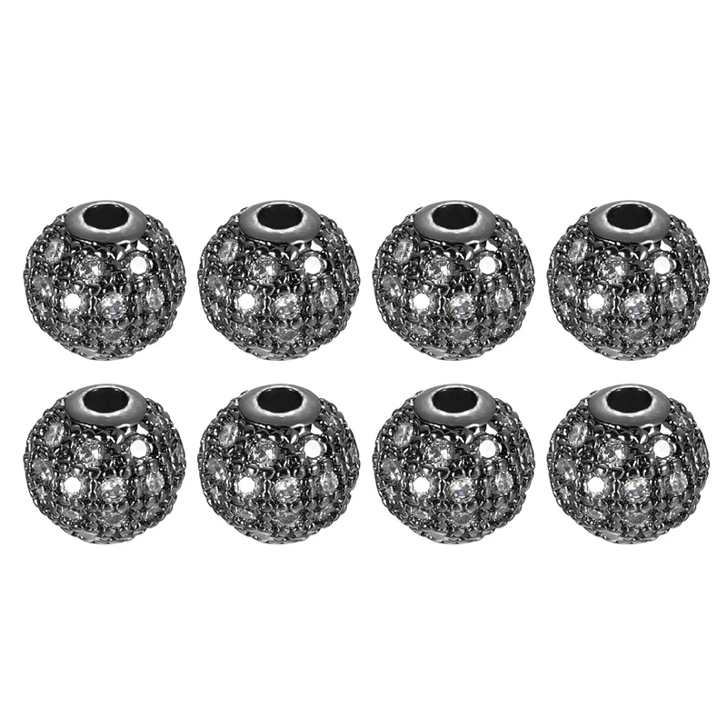 Charm Rhinestone Beads, 8Pcs 6mm Round Zircon Pave Beads (White+Metallic Black)