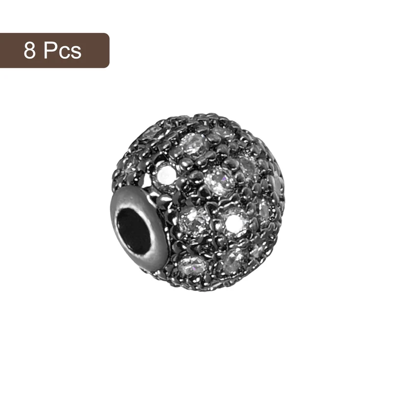 Charm Rhinestone Beads, 8Pcs 6mm Round Zircon Pave Beads (White+Metallic Black)