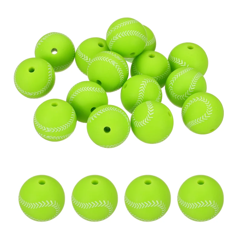 15 Pcs Silicone Sports Beads, 15mm Ball Shaped Beads, Green Baseball