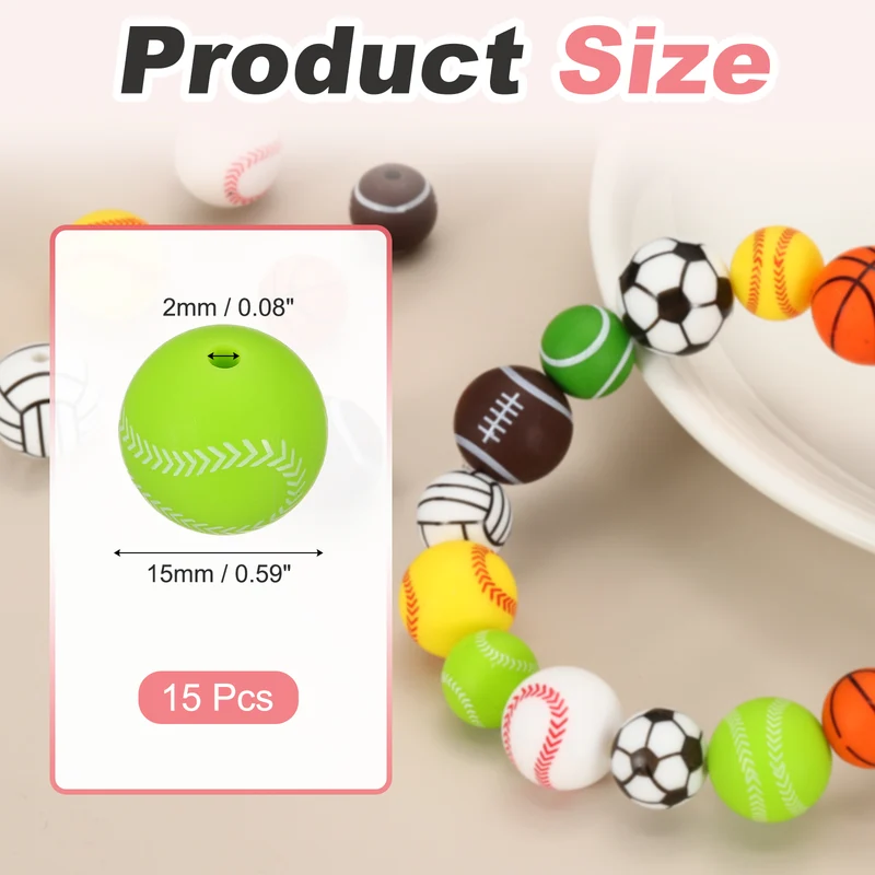 15 Pcs Silicone Sports Beads, 15mm Ball Shaped Beads, Green Baseball
