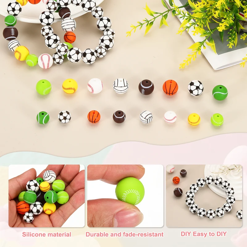 15 Pcs Silicone Sports Beads, 15mm Ball Shaped Beads, Green Baseball