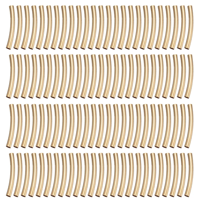 100 Pcs Tube Beads, 3x25mm Curved Noodle Beads for Jewelry Making, Light Gold