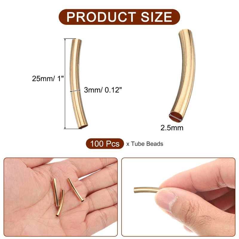 100 Pcs Tube Beads, 3x25mm Curved Noodle Beads for Jewelry Making, Light Gold