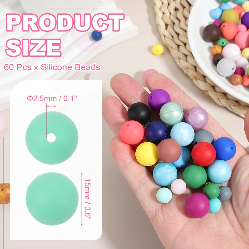 60 Pcs Silicone Beads, 15mm Bulk Beads for Keychain Making, Mint Green